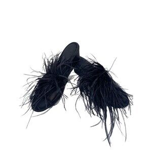 Vintage Madye's Fru-Fru Fancy Wedge Heel Black Slippers w Feathery Detail L 8-9